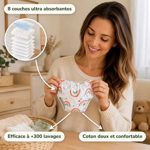 Culotte d'apprentissage Nimizy® tenue par une maman : 8 couches absorbantes, lavable en machine